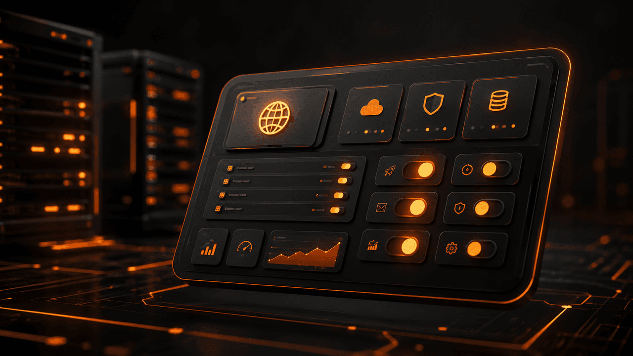 cPanel kontrol panelini simgeleyen turuncu neon arayüzlü 3D hosting yönetim paneli illüstrasyonu