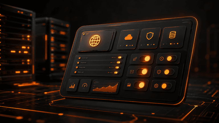 cPanel kontrol panelini simgeleyen turuncu neon arayüzlü 3D hosting yönetim paneli illüstrasyonu
