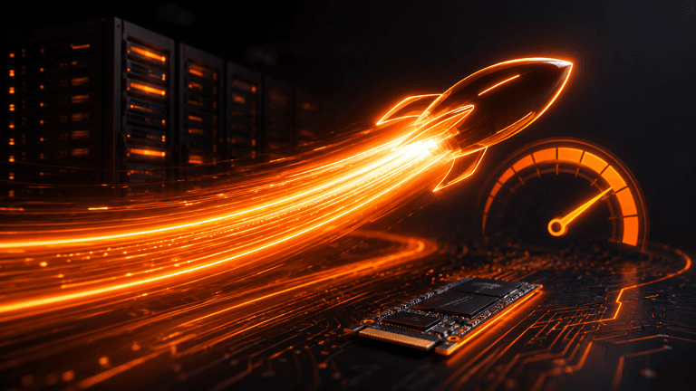 Web sitesi hızını turuncu ışık izli hız göstergesi ve NVMe çipiyle anlatan performans illüstrasyonu